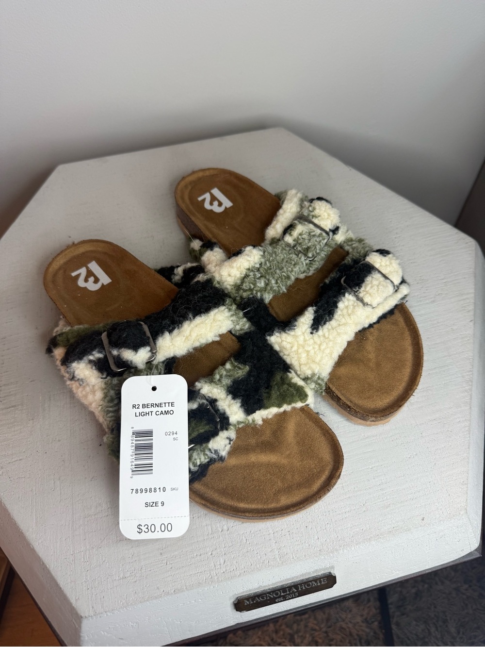 R2 Bernette Sherpa Camo Double-Buckle Slides in Cream, Olive & Black